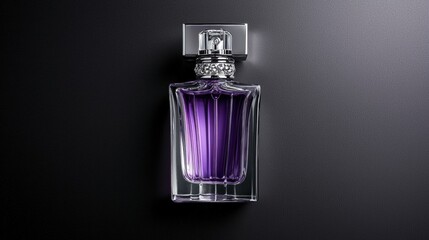 A purple perfume bottle with a silver cap and a diamond ring on the neck.