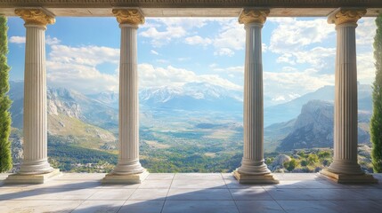 Fototapeta premium Ancient colonnade overlooking majestic mountains. Lush landscape stretches beneath a bright sky, framed by towering columns