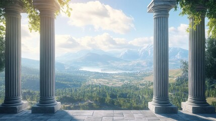 Ancient columns frame a serene mountain vista. Lush greenery, a tranquil valley, and distant peaks are visible through the pillars. Sunlight illuminates the scene
