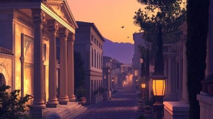Fototapeta premium Ancient city street at dusk. Detailed buildings, stone path, and warm light