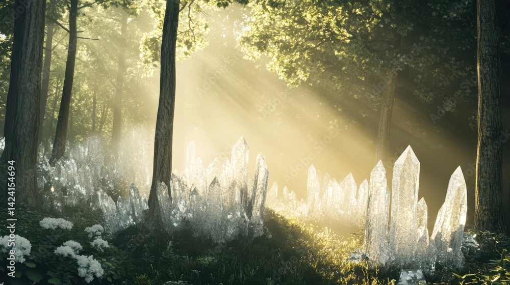 Poster sunlight streams through a mystical forest, illuminating a field of crystalline formations.
