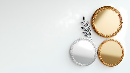 Gold, silver, bronze medals on white; award ceremony; achievement; success