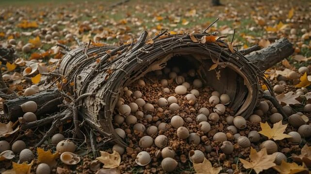Autumn's bounty revealed: A rustic cornucopia of acorns nestled among falling leaves