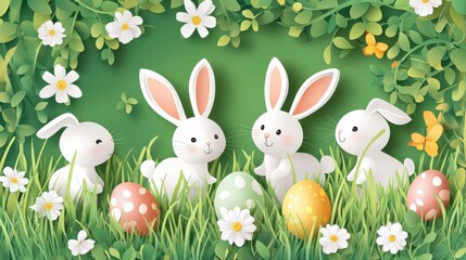 Easter egg hunt announcing poster with white paper cut bunny rabbits in spring lawn grass, hidden colored eggs, party flyer, banner or invitation template layout. Vector illustration. Place for text