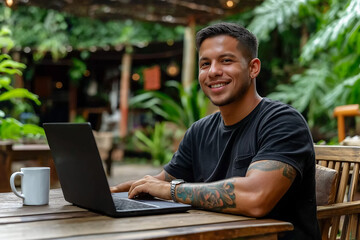Fototapeta premium Smiling Man Using Laptop in Outdoor Cafe, Stock Photo, T-Shirt Design, Illustration