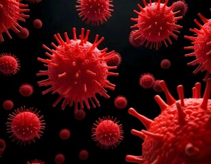 Microscopic view of 3D coronavirus cells floating on a black background