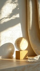 Minimalist interior scene featu a stone sphere on a wooden block illuminated by natural sunlight with a textured wall and fabric curtain background