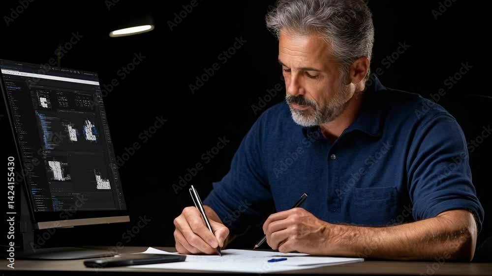 Poster man working at desk with computer, analyzing data and taking notes in modern office setting