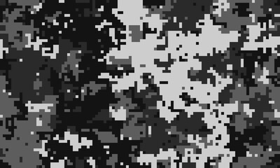 Abstract grayscale pixelated camouflage pattern.  Perfect for backgrounds, textiles, or digital art projects needing a modern, edgy, and subtly disruptive design.