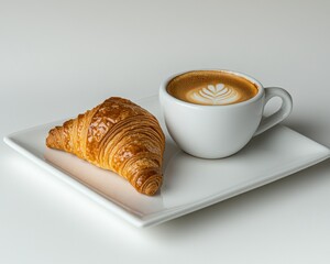 Croissant & coffee on a square white plate, bright