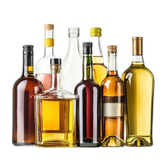 A variety of alcohol bottles in different shapes and sizes, isolated on a transparency background
