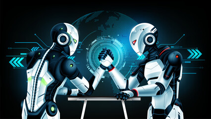Two advanced artificial intelligence humanoid robots arm wrestling in front of a digital globe, symbolizing global AI competition rivalry and power dynamics, vector illustration