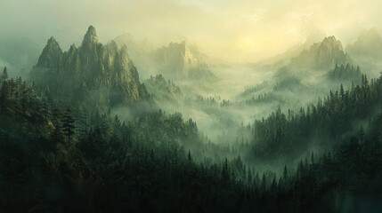 Misty mountain range shrouded in fog, lush forest