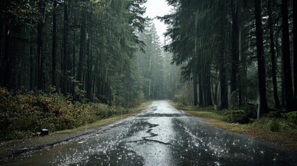 Obraz premium Heavy rain pouring on a dark road forested area realistic photograph nature atmospheric emotional impact
