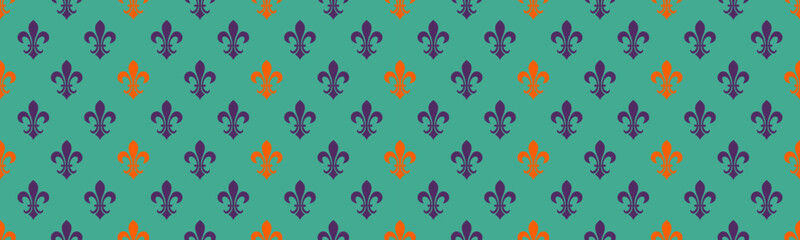 Elegant teal and orange fleurdelis pattern.  Perfect for textile design, website backgrounds, or luxurious branding. This repeating motif evokes royalty, heritage, and sophisticated style.