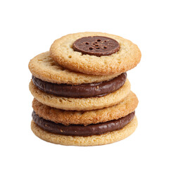 Stack of tiny chocolate sandwich biscuits isolated on white