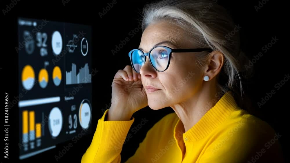 Poster focused businesswoman analyzing data insights on digital screen with graphs and statistics in modern