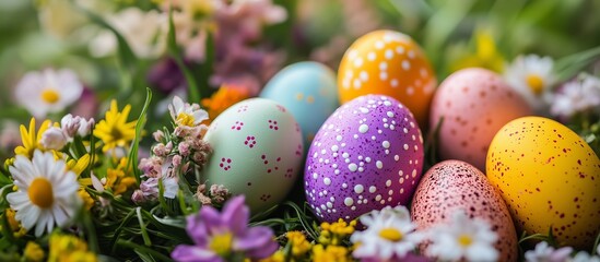 Bright Easter composition with multi -colored eggs decorated with patterns of white and colored dots. Ideal for Easter cards, congratulations and decorative designs.