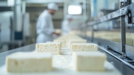 The production line at the dairy plant, where fresh white cheese blocks move on the conveyor. In the center of the frame, several neatly chopped pieces of cheese