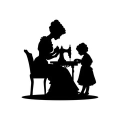 Vintage Silhouette of Mother Sewing with Daughter &ndash; Family Bonding Vector Illustration