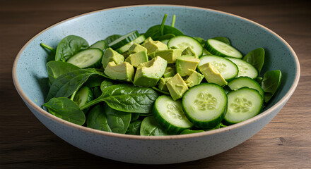 Nutritious Green Salad Featuring Fresh Spinach Avocado And Cucumber Slices