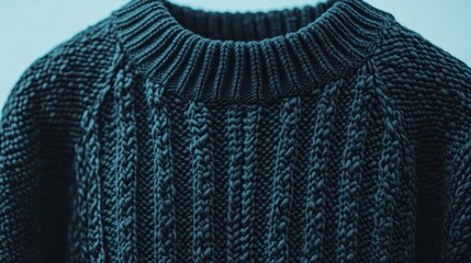 Dark blue, knitted sweater detail showing collar and pattern