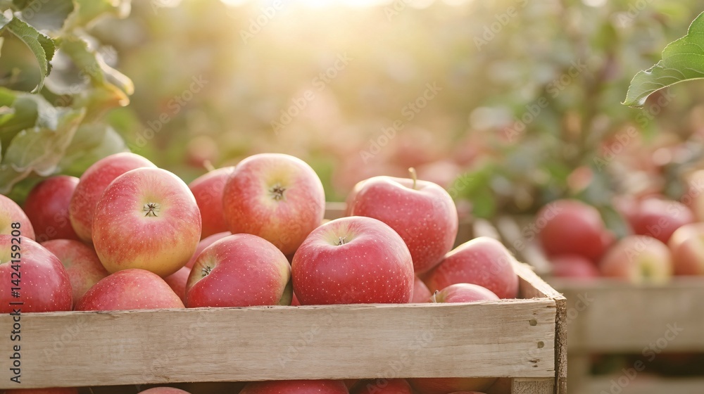 Poster red ripe apples spilling from wooden crate with orchard and setting sun in background