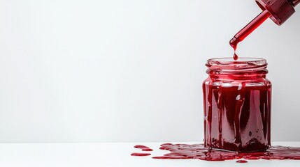 A red liquid is being poured from a bottle into a glass jar.
