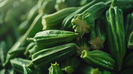 Obraz premium Close-up of fresh, green, ripe okra pods.
