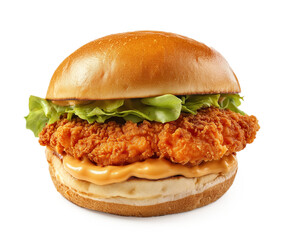 Delicious Fried chicken burger with lettuce, onions, mayonnaise sauce, cheese. Crispy Chicken burger isolated on white background. Closeup of Zinger burger isolated.