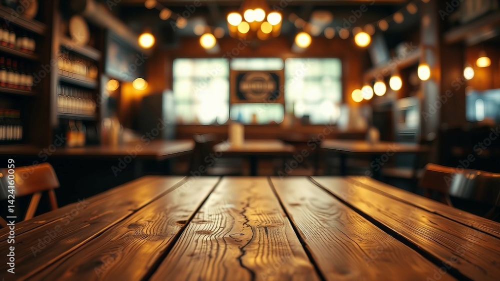 Poster empty wooden table rustic and blurred background of bar or pub for product display high quality phot
