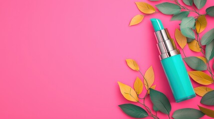 A turquoise lipstick with a silver cap and a green leafy plant.