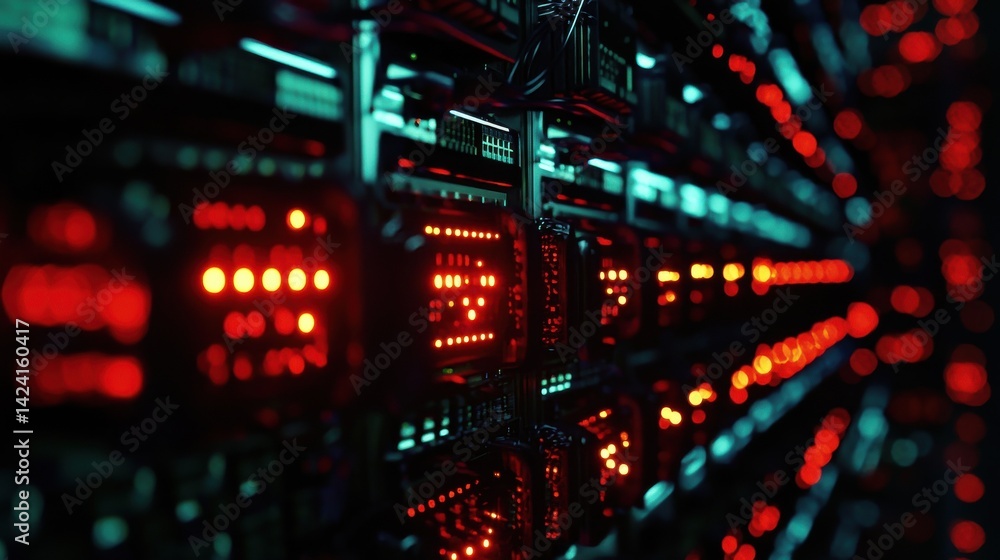 Poster data centers filled with rows and rows of servers as blinking light indicate constant processing