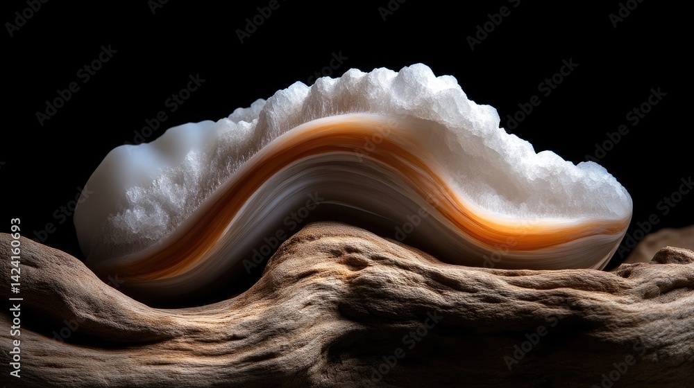 Poster abstract image of a white, layered object with a brown stripe resting on a textured wooden surface a