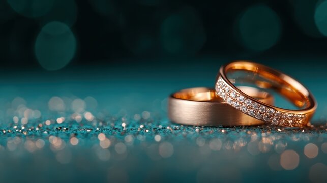 Glistening diamond wedding rings showcased on a soft blue surface, representing the union of love and the beauty of life's most cherished commitments captured artistically in this image.