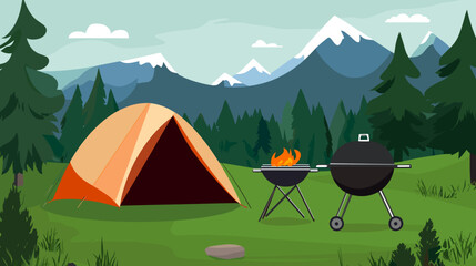 Camping tent and BBQ grill in forest with mountain view
