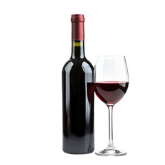 A wine bottle and glass of wine, placed against a transparency background