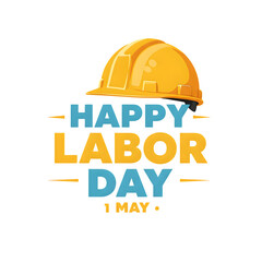 Fototapeta premium Celebrate Labor Day with a fun typography design that includes a distinct yellow construction helmet illustration. This safety hard hat is just right for the holiday.