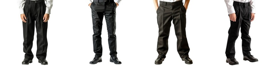 Set of Teenage Boys Wearing Formal Black School Uniform Trousers Isolated on Transparent Background