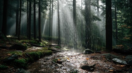 Obraz premium Rainfall through sunbeam in forest nature scene outdoor photography serene environment elevated viewpoint photorealistic concept