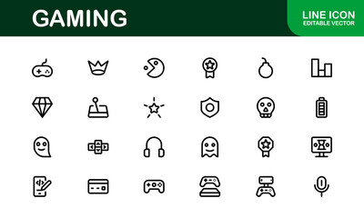 Essential Gaming Icon Set Vector Illustration. Packed with Popular Symbols for Video Games, Joysticks, and Gamer Gear