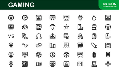 Essential Gaming Icon Set Vector Illustration. Packed with Popular Symbols for Video Games, Joysticks, and Gamer Gear