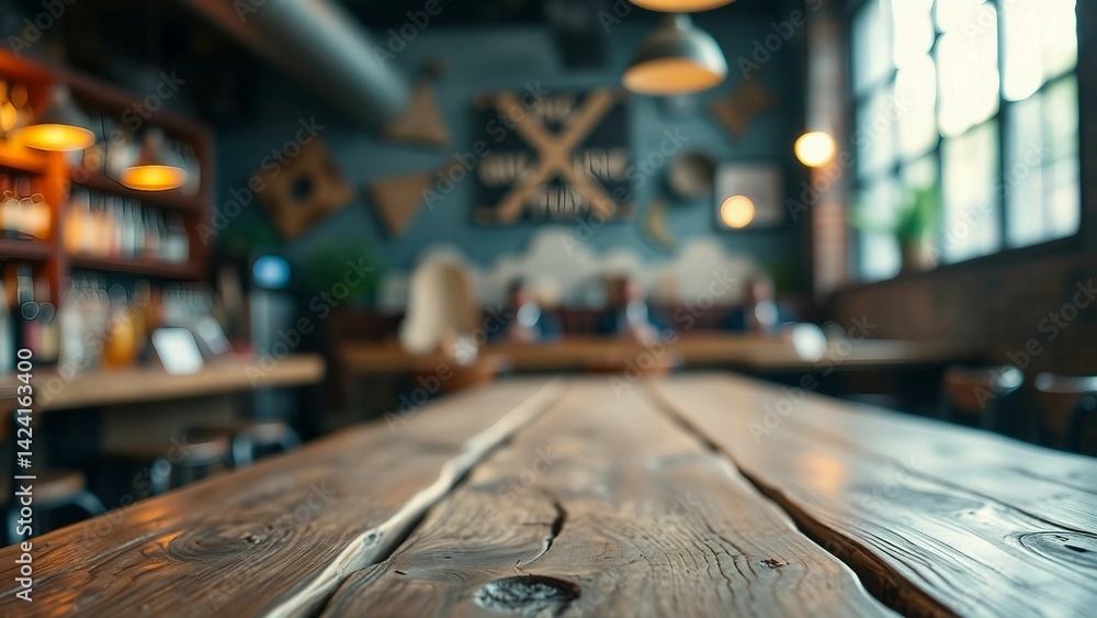 Aufkleber empty wooden table rustic and blurred background of bar or pub for product display high quality phot