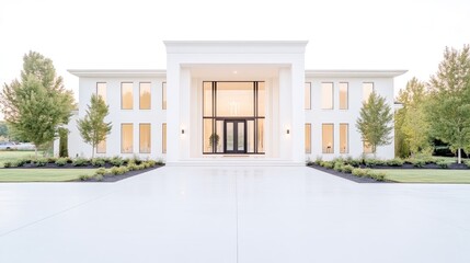 Modern luxury home with grand entrance featuring large glass doors, symmetrical facade with tall windows, minimalist design, and serene suburban setting.