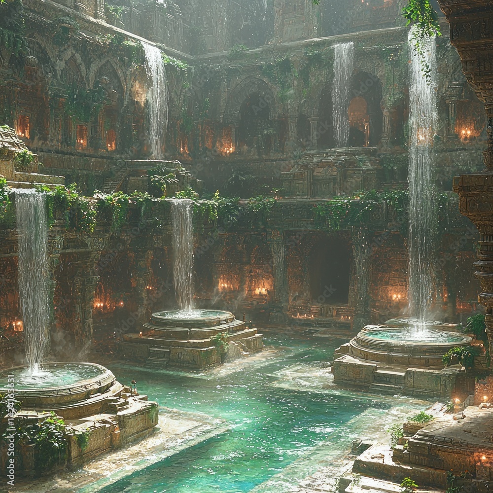 Poster mystical hidden sanctuary with cascading waterfalls and ancient architecture