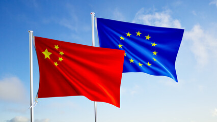 flags of union european and china flags over blue sky background.
