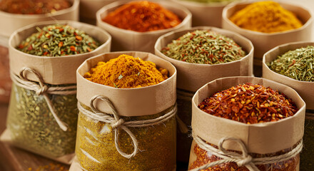 Fototapeta premium Colorful Assortment of Spices and Herbs Displayed in Small Sack Tied With a String
