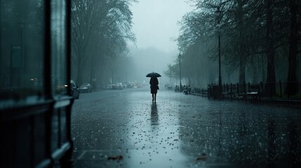 Obraz premium Solitary figure walking through rainy street urban environment realistic photograph somber mood wide angle isolation