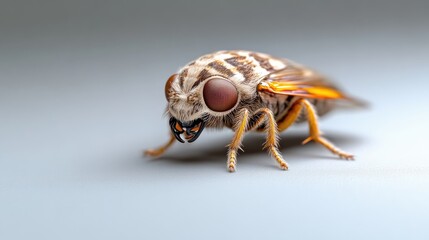Naklejka premium A close-up of a detailed insect with intricate patterns on its body, standing on a smooth surface, and showcasing macro photography and natures complexity.