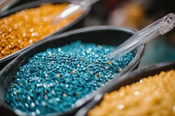 Bowls filled with blue and yellow plastic pellets with translucent scoops. Show processes or materials for manufacturing and industrial applications.